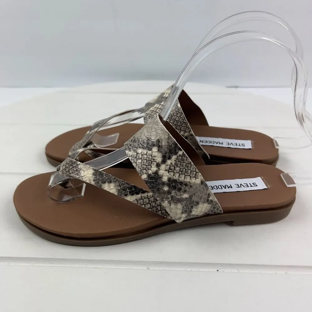 🫶STEVE MADDEN Athens Strappy Flat Sandal Natural Snake Faux Leather Size 7.5M - Picture 4 of 6